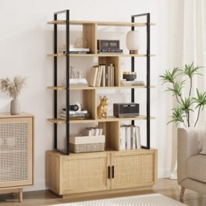 GAOMON 5 Tier Rattan Bookshelf with Storage Cabinet & Door, 71.1 Inch Tall Industrial Book Shelf with Open Display Shelves, 5 Shelf Bookcase with Metal Frame for Living Room, Bedroom -Burlywood