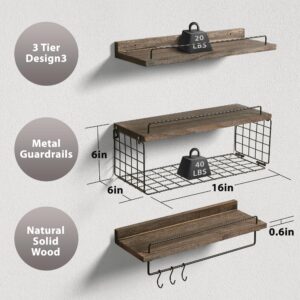 3+1 Tier Floating Shelves, Bathroom Floating Shelves with Wire Basket, Bathroom Shelf with Towel Bar and Hooks, Wall Solid Wood Shelves, Wall Shelves for Bathroom, Living Room, Bedroom and Kitchen