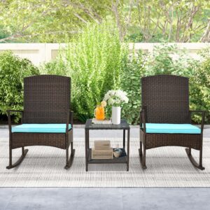 Tangkula 3 Pieces Rocking Wicker Bistro Set, Outdoor Front Porch Rocker Chairs Conversation Set with 2-Tier Tempered Glass Coffee Table and Thick Cushions for Garden, Balcony, Poolside (Turquoise)