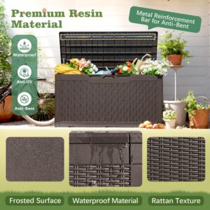 Flamaker Outdoor Storage Box 100 Gallon Waterproof Resin Deck Box with Air Rod Indoor Outdoor Lockable Storage Bench for Patio Cushions, Tools, Pool Accessories (Deep Brown)