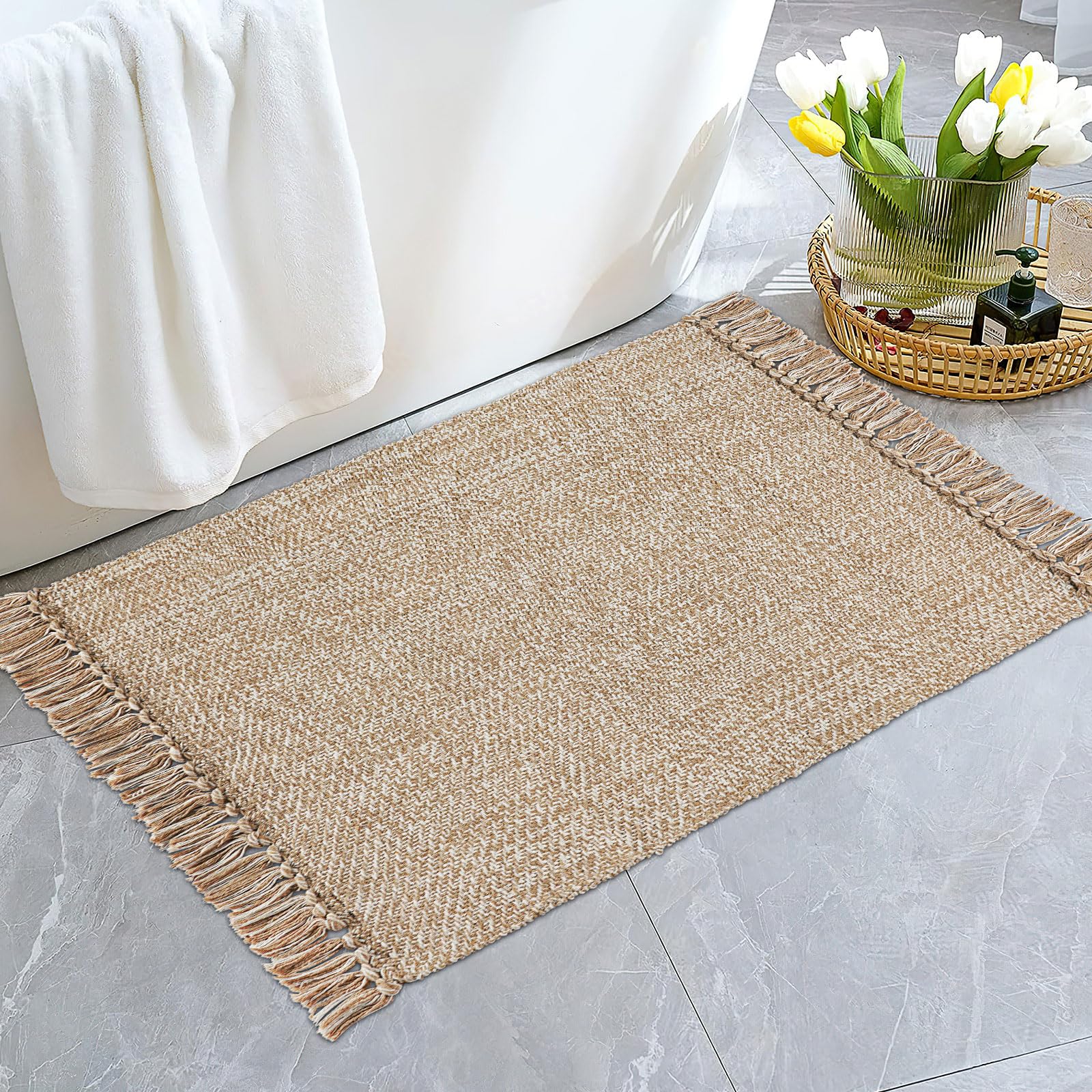 Small Boho Bathroom Rugs,2'x3' Tan Cream Washable Entryway Rug Farmhouse Throw Rug Cotton Woven Reversible Bedroom Rug, Kitchen Mat Carpet for Entrance Bedroom Laundry Living Room