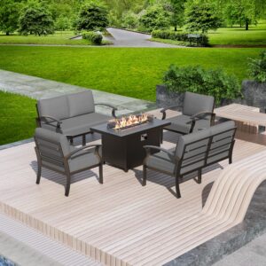 Gotland 6 Seats Outdoor Metal Patio Furniture Set with 55,000 BTU Gas Fire Pit Table w/Glass Wind Guard Patio Conversation Sectional Sofa Sets-Grey