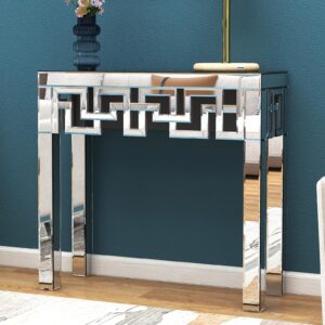 blingworld silver console table with mirrored finished, modern glass entryway table geometric design, 32 inches wide decorative small console table for small space