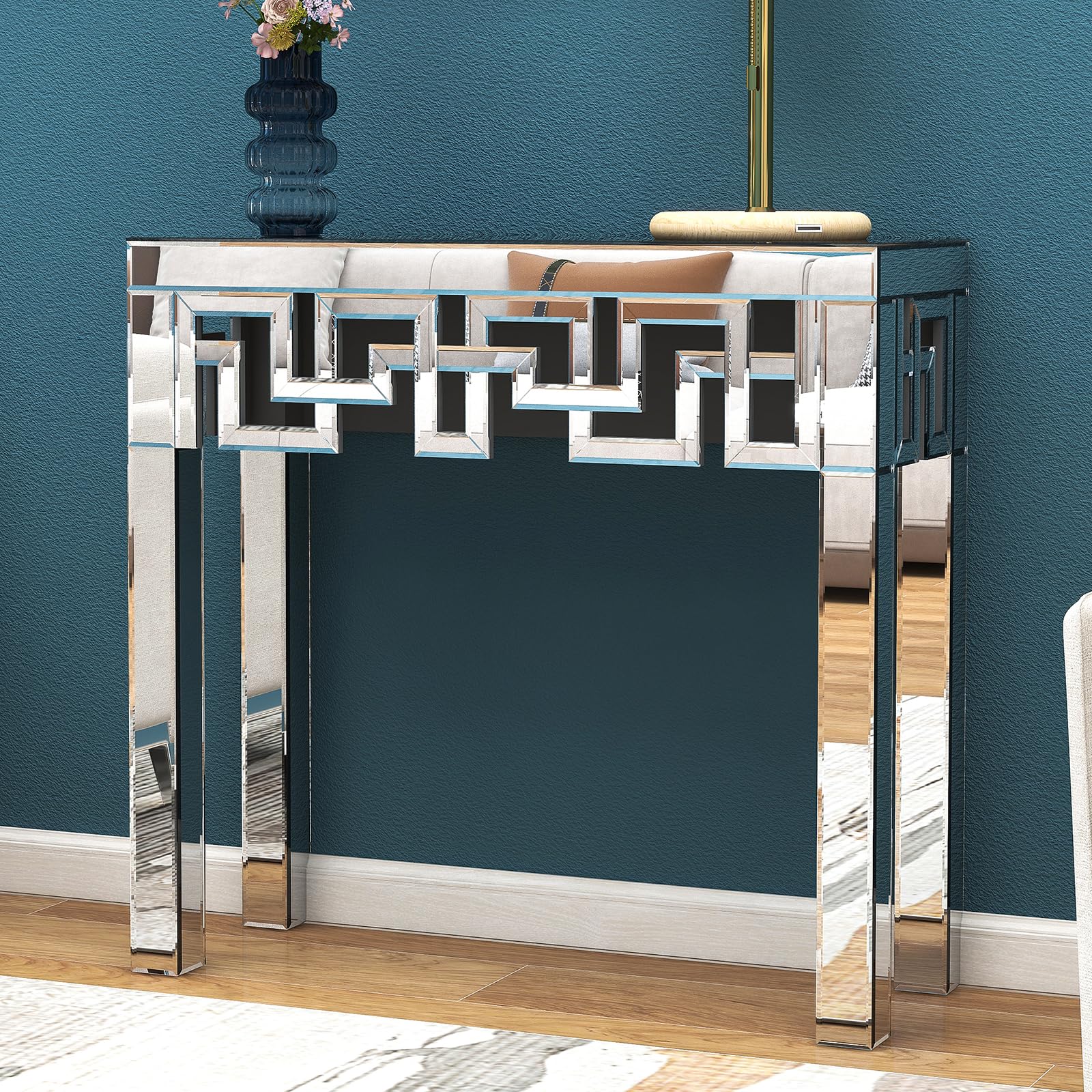 blingworld Silver Console Table with Mirrored Finished, Modern Glass Entryway Table Geometric Design, 32 inches Wide Decorative Small Console Table for Small Space