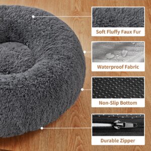 OhGeni Calming Donut Dog & Cat Bed, Machine Washable Plush Warming Bed, Anti-Slip Round Cuddle Comfort Pet Bed, Cozy Fluffy Faux Fur Bed for Small Medium Dogs, Gray, 23 inches