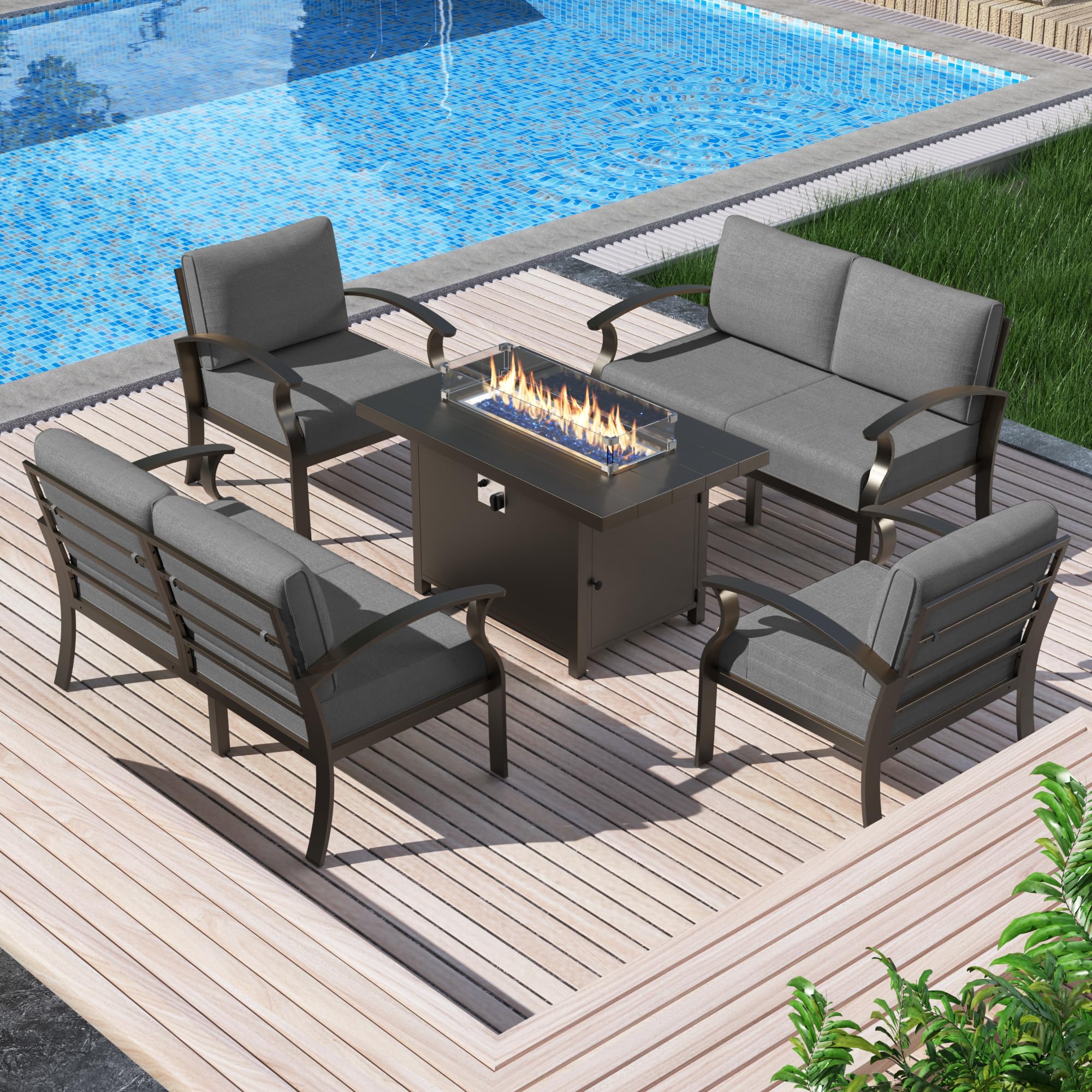 Gotland 6 Seats Outdoor Metal Patio Furniture Set with 55,000 BTU Gas Fire Pit Table w/Glass Wind Guard Patio Conversation Sectional Sofa Sets-Grey