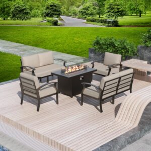 Gotland 6 Seats Outdoor Metal Patio Furniture Set with 55,000 BTU Gas Fire Pit Table w/Glass Wind Guard Patio Conversation Sectional Sofa Sets-Khaki