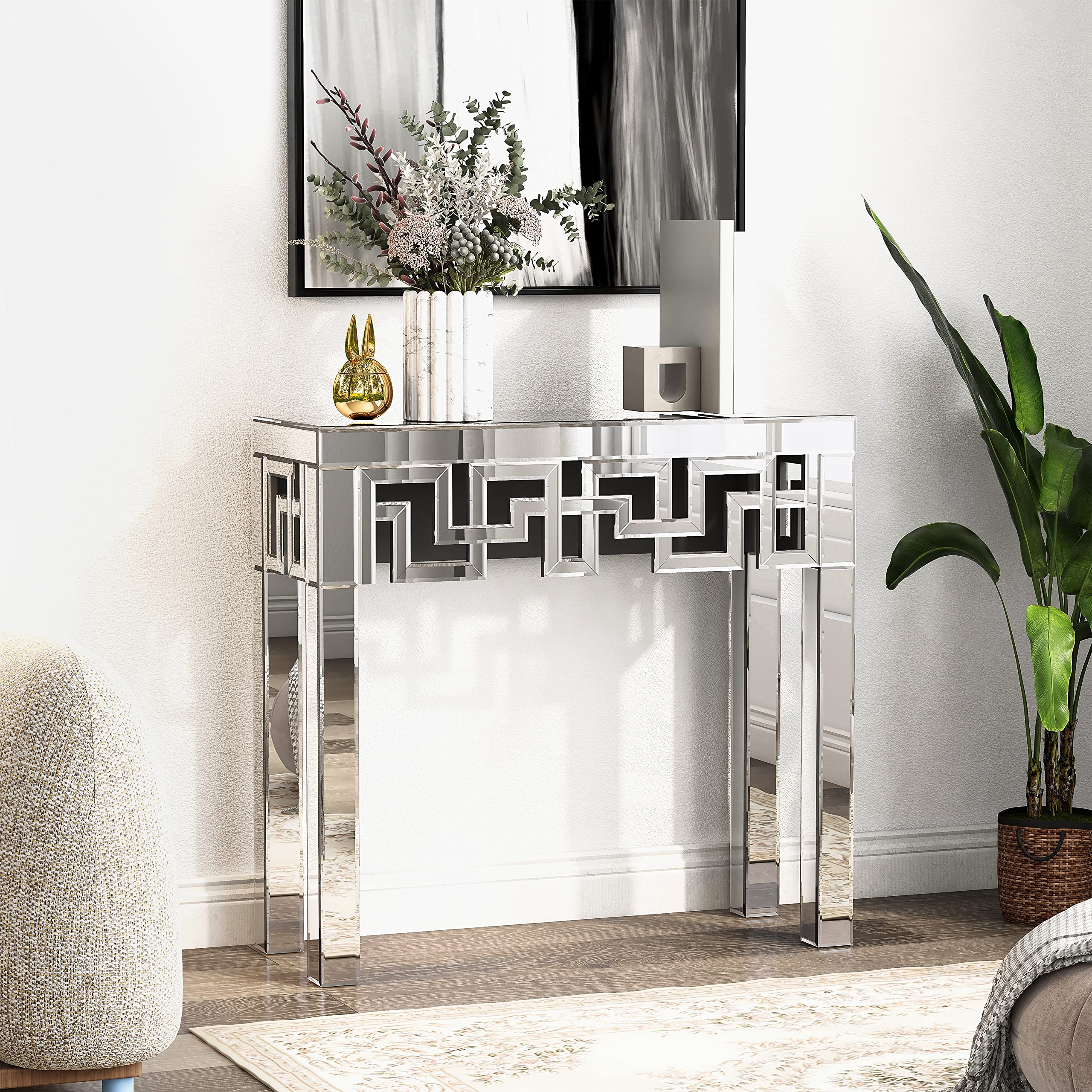 blingworld Silver Console Table with Mirrored Finished, Modern Glass Entryway Table Geometric Design, 32 inches Wide Decorative Small Console Table for Small Space