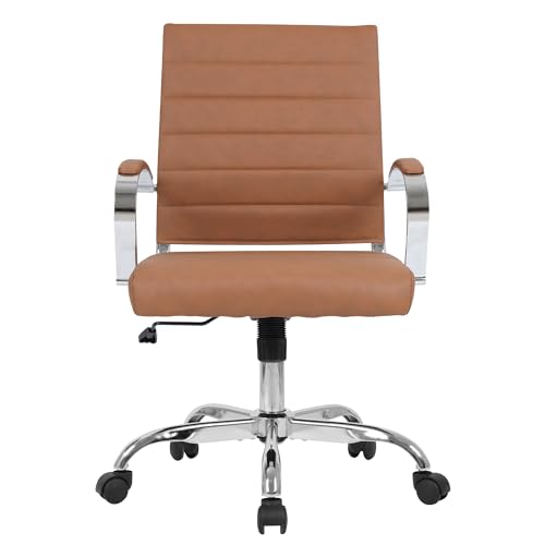 LANDSUN Home Office Chair Mid Back Desk Chair PU Leather Ribbed Executive Swivel Computer Chair with Wheels and Armrests Soft Padded Adjustable Height Conference Task Brown