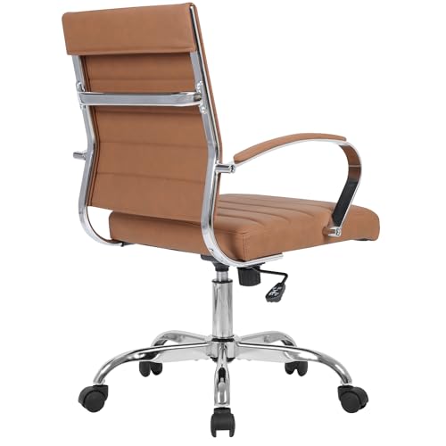 LANDSUN Home Office Chair Mid Back Desk Chair PU Leather Ribbed Executive Swivel Computer Chair with Wheels and Armrests Soft Padded Adjustable Height Conference Task Brown