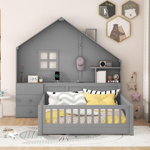 DEYOBED Full Size House Bed Frame, Montessori Floor Bed with Rails, Window and Bedside Drawers, Wooden Platform Bed with Shelves and a Set of Sockets and USB Port, Gray