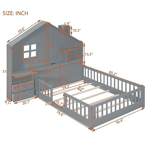 DEYOBED Full Size House Bed Frame, Montessori Floor Bed with Rails, Window and Bedside Drawers, Wooden Platform Bed with Shelves and a Set of Sockets and USB Port, Gray