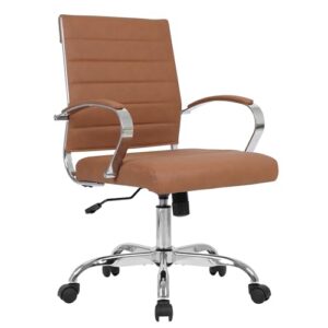 landsun home office chair mid back desk chair pu leather ribbed executive swivel computer chair with wheels and armrests soft padded adjustable height conference task brown