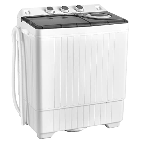 COSTWAY Portable Washing Machine, Twin Tub 26lbs Capacity Laundry Washer, 18lbs Washer and 8lbs Spinner Combo with Timer Knobs, Built-in Drain Pump, Compact Washer for Home Dorm Apartment (Grey+White)