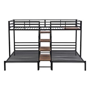 DEYOBED Twin Size L-Shaped Triple Bunk Bed with Storage Stairs, Twin Over Twin & Twin Metal Bed Frame for 3 Kids Teens Girls Boys, Black