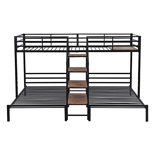 DEYOBED Twin Size L-Shaped Triple Bunk Bed with Storage Stairs, Twin Over Twin & Twin Metal Bed Frame for 3 Kids Teens Girls Boys, Black