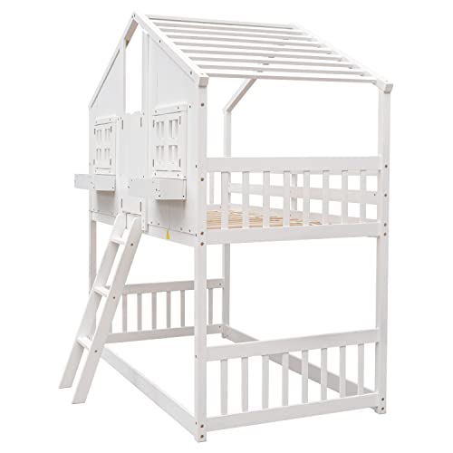 DEYOBED Twin Over Twin House Bed, Twin Bunk Beds Frame with Roof and Window Door, Window Box, Ladder, Wooden Playhouse Bunk Bed for Kids Girls Boys Teens, White