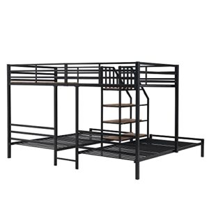 DEYOBED Twin Size L-Shaped Triple Bunk Bed with Storage Stairs, Twin Over Twin & Twin Metal Bed Frame for 3 Kids Teens Girls Boys, Black