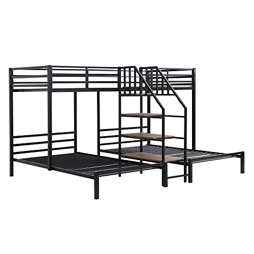 DEYOBED Twin Size L-Shaped Triple Bunk Bed with Storage Stairs, Twin Over Twin & Twin Metal Bed Frame for 3 Kids Teens Girls Boys, Black