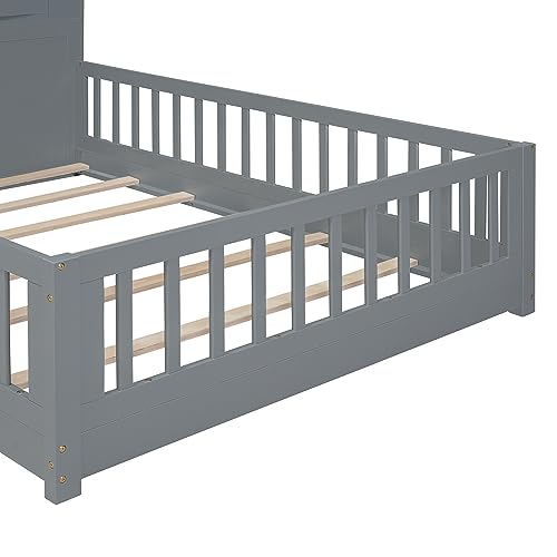 DEYOBED Full Size House Bed Frame, Montessori Floor Bed with Rails, Window and Bedside Drawers, Wooden Platform Bed with Shelves and a Set of Sockets and USB Port, Gray