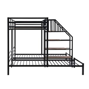 DEYOBED Twin Size L-Shaped Triple Bunk Bed with Storage Stairs, Twin Over Twin & Twin Metal Bed Frame for 3 Kids Teens Girls Boys, Black