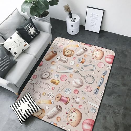 LAKIMCT Sewing Tools Pattern Area Rug 80x58 inch, Modern Bedroom Decor Rugs, Flannel Non-Slip Carpet for Living Room Kitchen Office Mat