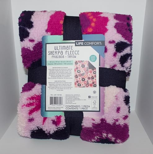 Life Comfort Ultimate Sherpa Fleece Children's Pink and Purple Floral Fleece Blanket