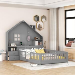 deyobed full size house bed frame, montessori floor bed with rails, window and bedside drawers, wooden platform bed with shelves and a set of sockets and usb port, gray