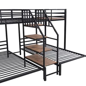 DEYOBED Twin Size L-Shaped Triple Bunk Bed with Storage Stairs, Twin Over Twin & Twin Metal Bed Frame for 3 Kids Teens Girls Boys, Black