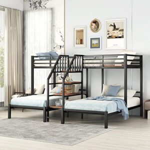 DEYOBED Twin Size L-Shaped Triple Bunk Bed with Storage Stairs, Twin Over Twin & Twin Metal Bed Frame for 3 Kids Teens Girls Boys, Black