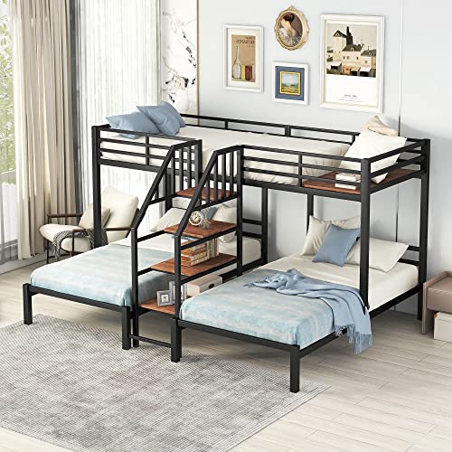 DEYOBED Twin Size L-Shaped Triple Bunk Bed with Storage Stairs, Twin Over Twin & Twin Metal Bed Frame for 3 Kids Teens Girls Boys, Black