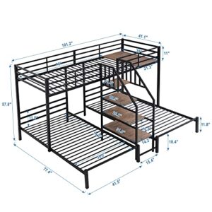 DEYOBED Twin Size L-Shaped Triple Bunk Bed with Storage Stairs, Twin Over Twin & Twin Metal Bed Frame for 3 Kids Teens Girls Boys, Black