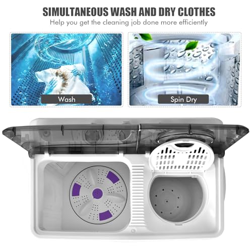 COSTWAY Portable Washing Machine, Twin Tub 26lbs Capacity Laundry Washer, 18lbs Washer and 8lbs Spinner Combo with Timer Knobs, Built-in Drain Pump, Compact Washer for Home Dorm Apartment (Grey+White)