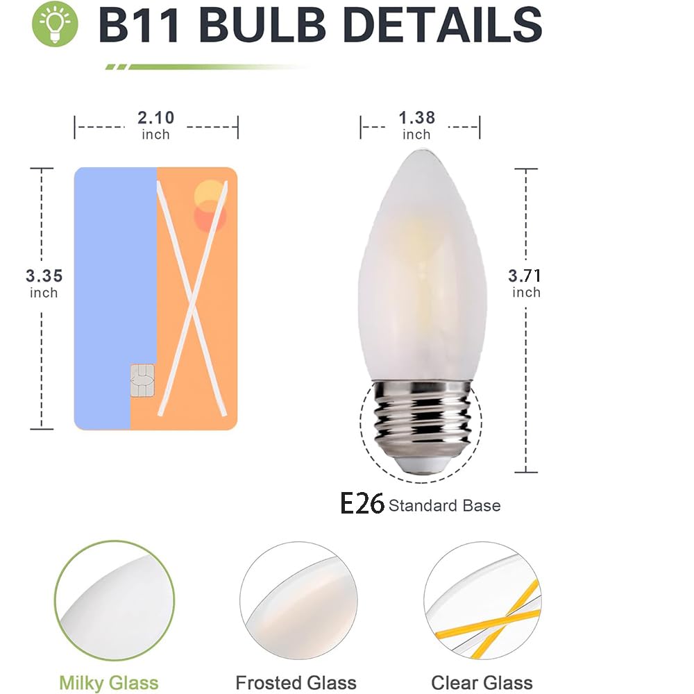 KODBPJ E26 Candelabra Light Bulbs Frosted Chandelier Light Bulbs 25watt Equivalent 2700K Warm White B11 Torpedo Tip Dimmable 2W LED Decorative Candle Light Bulbs (6)