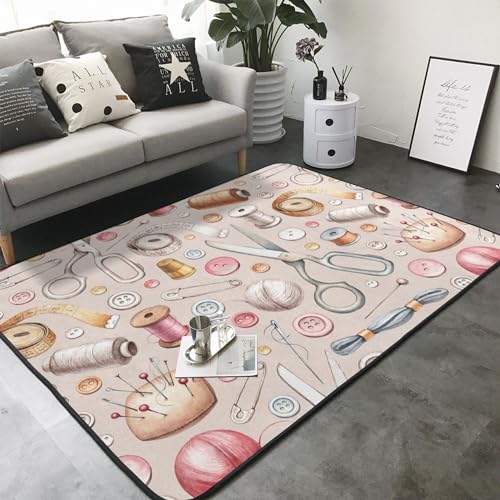 LAKIMCT Sewing Tools Pattern Area Rug 80x58 inch, Modern Bedroom Decor Rugs, Flannel Non-Slip Carpet for Living Room Kitchen Office Mat