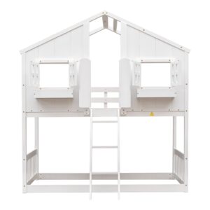 DEYOBED Twin Over Twin House Bed, Twin Bunk Beds Frame with Roof and Window Door, Window Box, Ladder, Wooden Playhouse Bunk Bed for Kids Girls Boys Teens, White