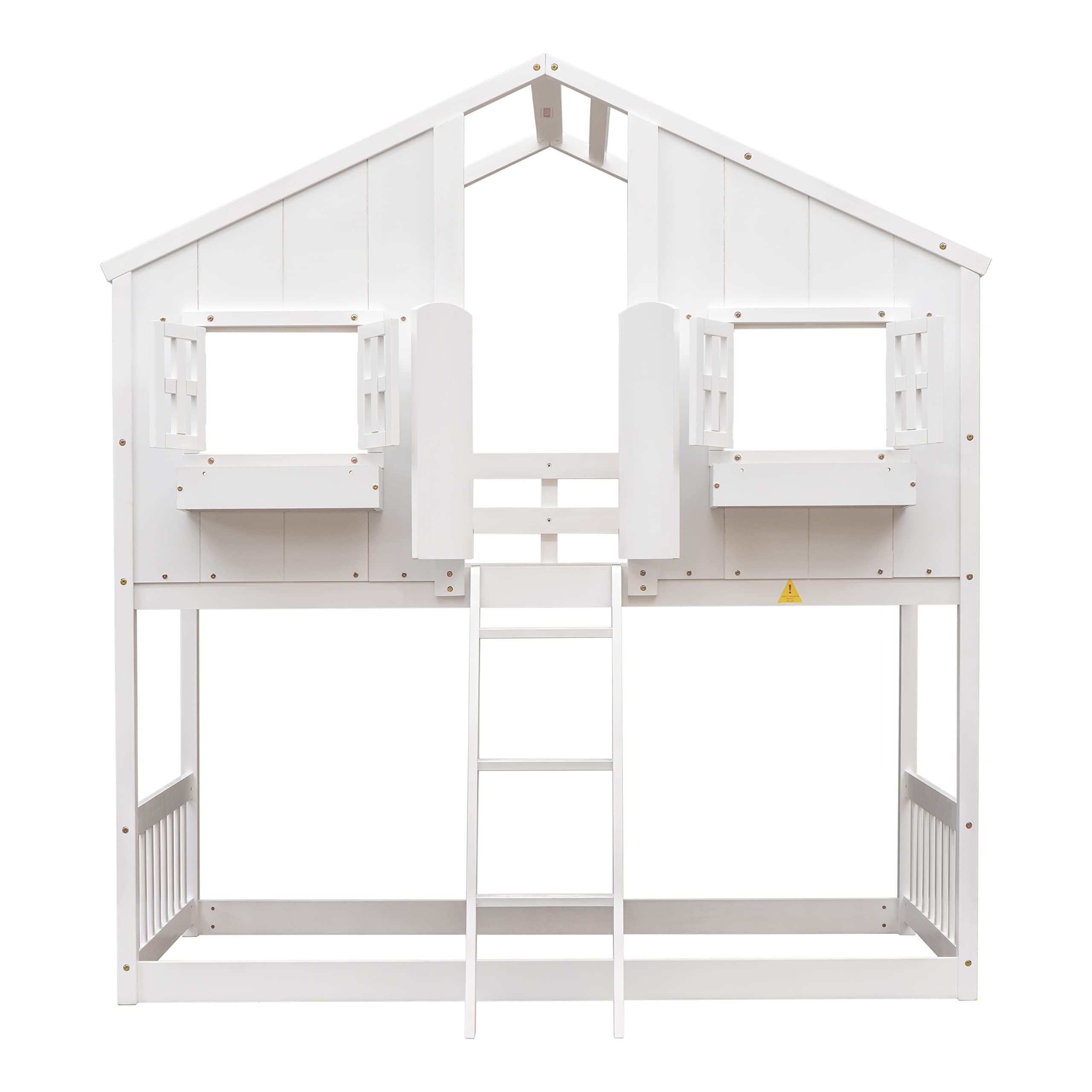 DEYOBED Twin Over Twin House Bed, Twin Bunk Beds Frame with Roof and Window Door, Window Box, Ladder, Wooden Playhouse Bunk Bed for Kids Girls Boys Teens, White