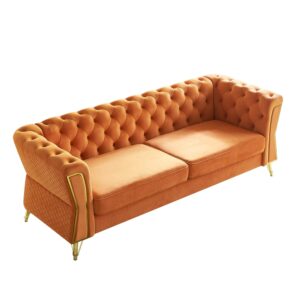 vensico modern velvet sofa couch for living room, 87.4 inch long tufted sofa unique upholstered couch oversized sofa decor furniture with golden metal legs (orange)