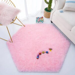 nkhow pink hexagon rug - fluffy rug for 55x53 princess castle playhouse for girls - anti-slip coral nap mat for girls room ultra soft play tent rug baby pink carpet