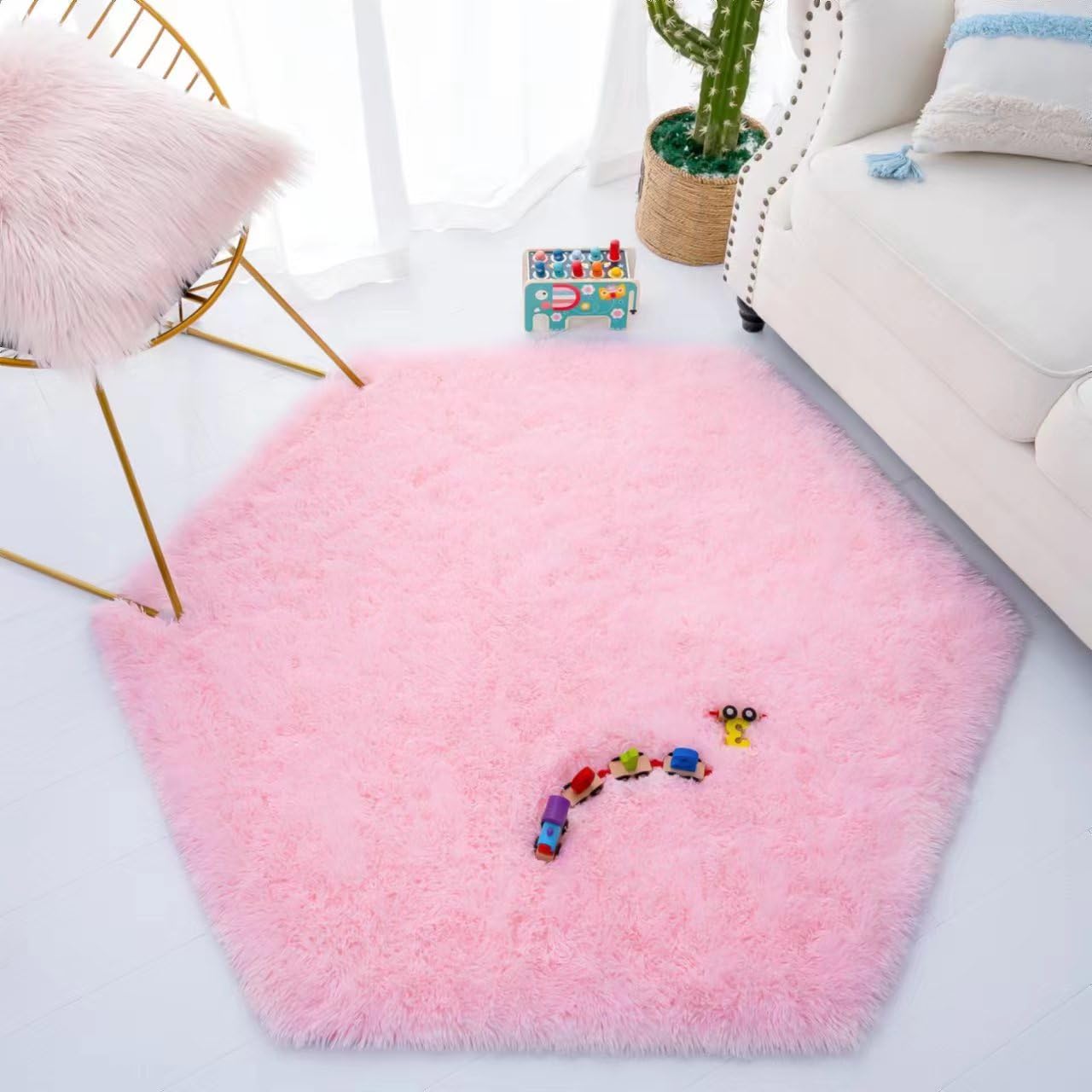 NKHOW Pink Hexagon Rug - Fluffy Rug for 55x53 Princess Castle Playhouse for Girls - Anti-Slip Coral Nap Mat for Girls Room Ultra Soft Play Tent Rug Baby Pink Carpet