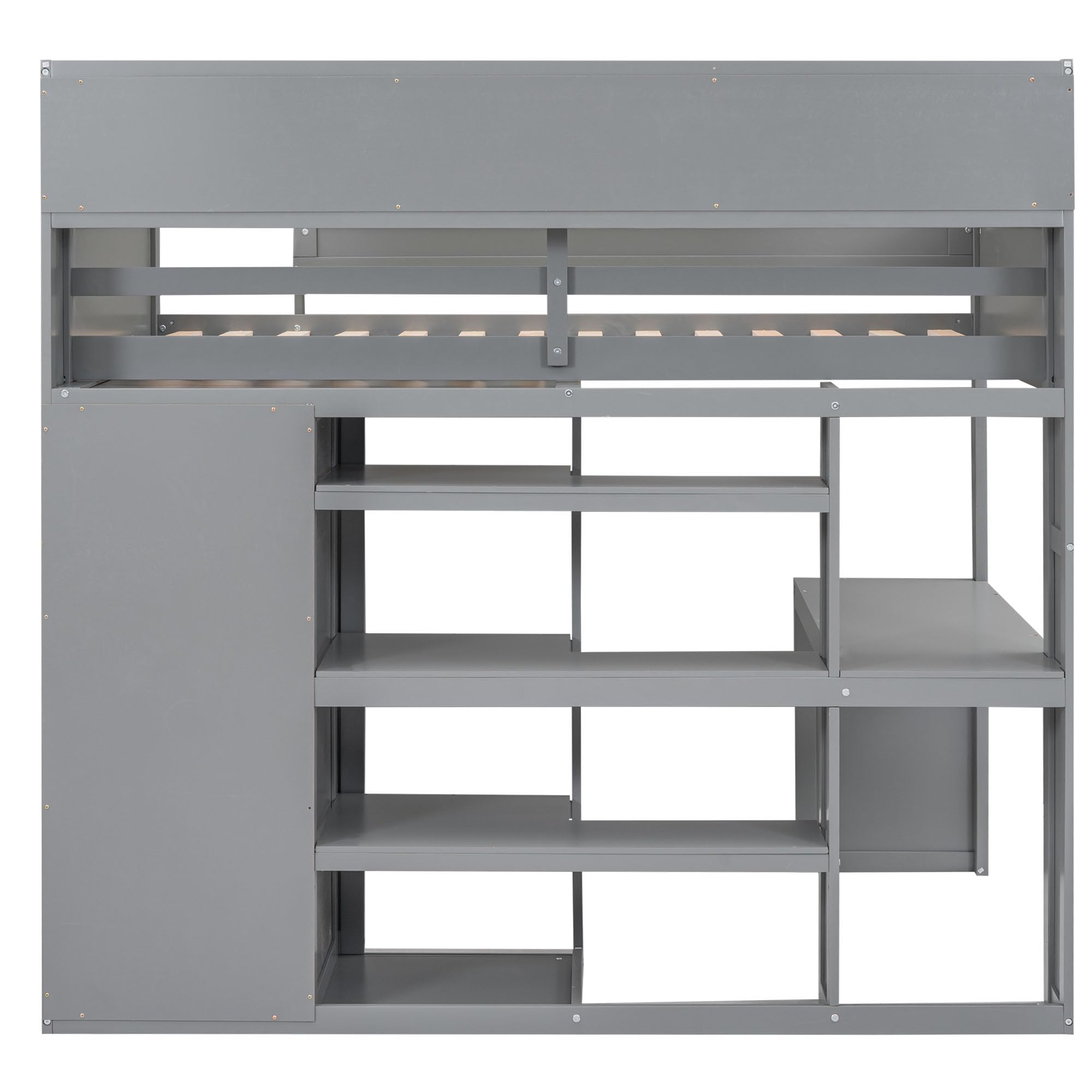 Twin Loft Bed with Storage Shelves and Under-Bed Desk, Wooden Bed Frames with Wardrobe and 3 Cabinets, Gray