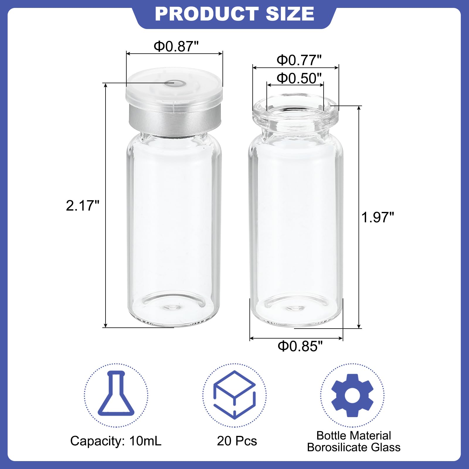 PATIKIL 10ml Sample Vials, 20 Pack Lab Empty Vials with Butyl Rubber Stopper and Crimp Top Caps Borosilicate Glass Vial, Transparent