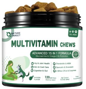 dog multivitamin - multivitamin for dogs - with msm & glucosamine, omegas 3 & 6, probiotics for digestive health, joint support, skin & coat, immune system & overall health – 120 soft chews