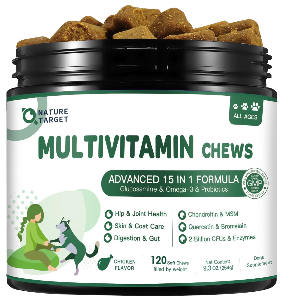 Dog Multivitamin - Multivitamin for Dogs - with MSM & Glucosamine, Omegas 3 & 6, Probiotics for Digestive Health, Joint Support, Skin & Coat, Immune System & Overall Health – 120 Soft Chews