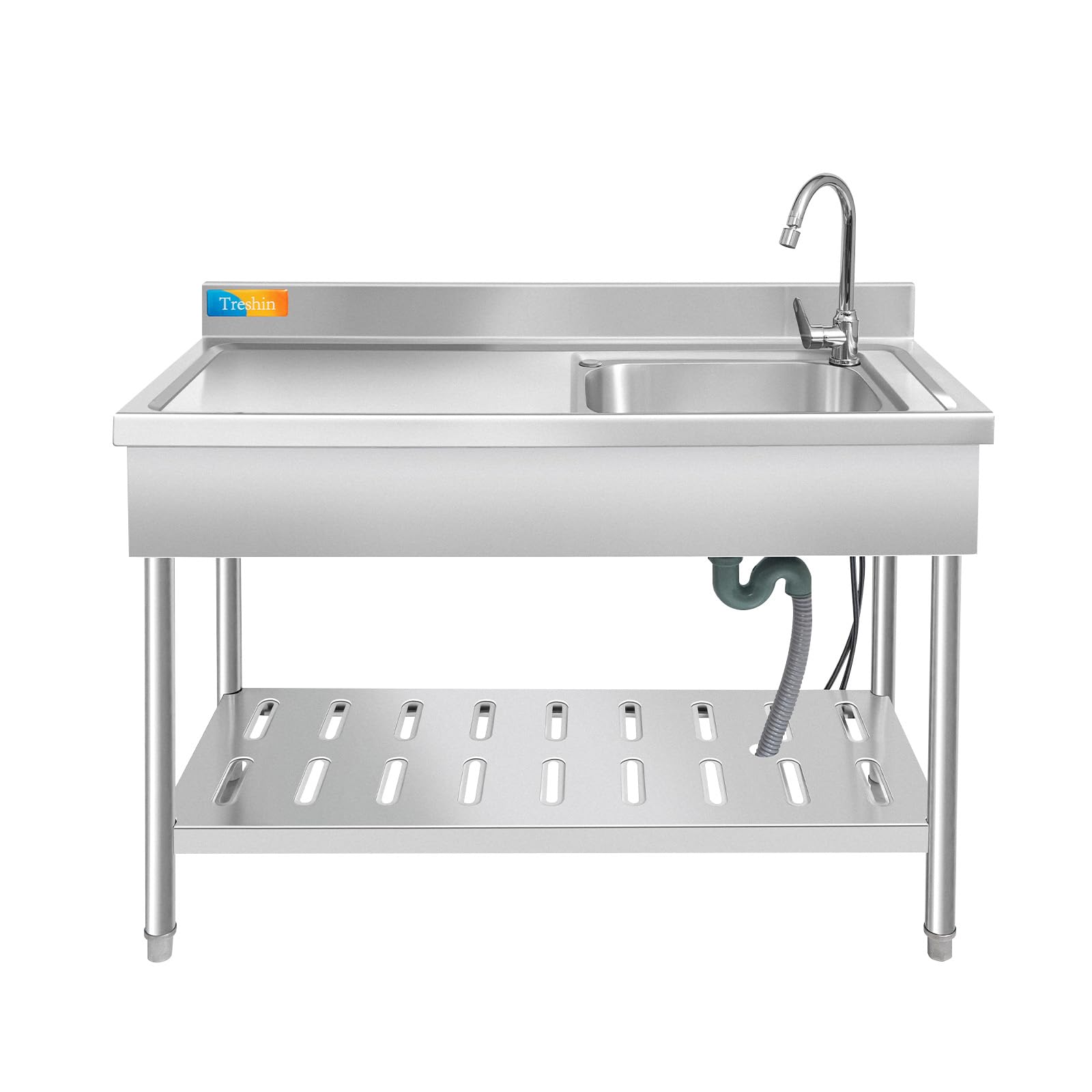 Treshin Stainless Steel Utility Sink, Free Standing Single Bowl Commercial Sink Set w/Workbench & Storage Shelves, Faucet, for Restaurant, Kitchen, Garage, Laundry, 19.6"D x 47.2"W x 37.4"H