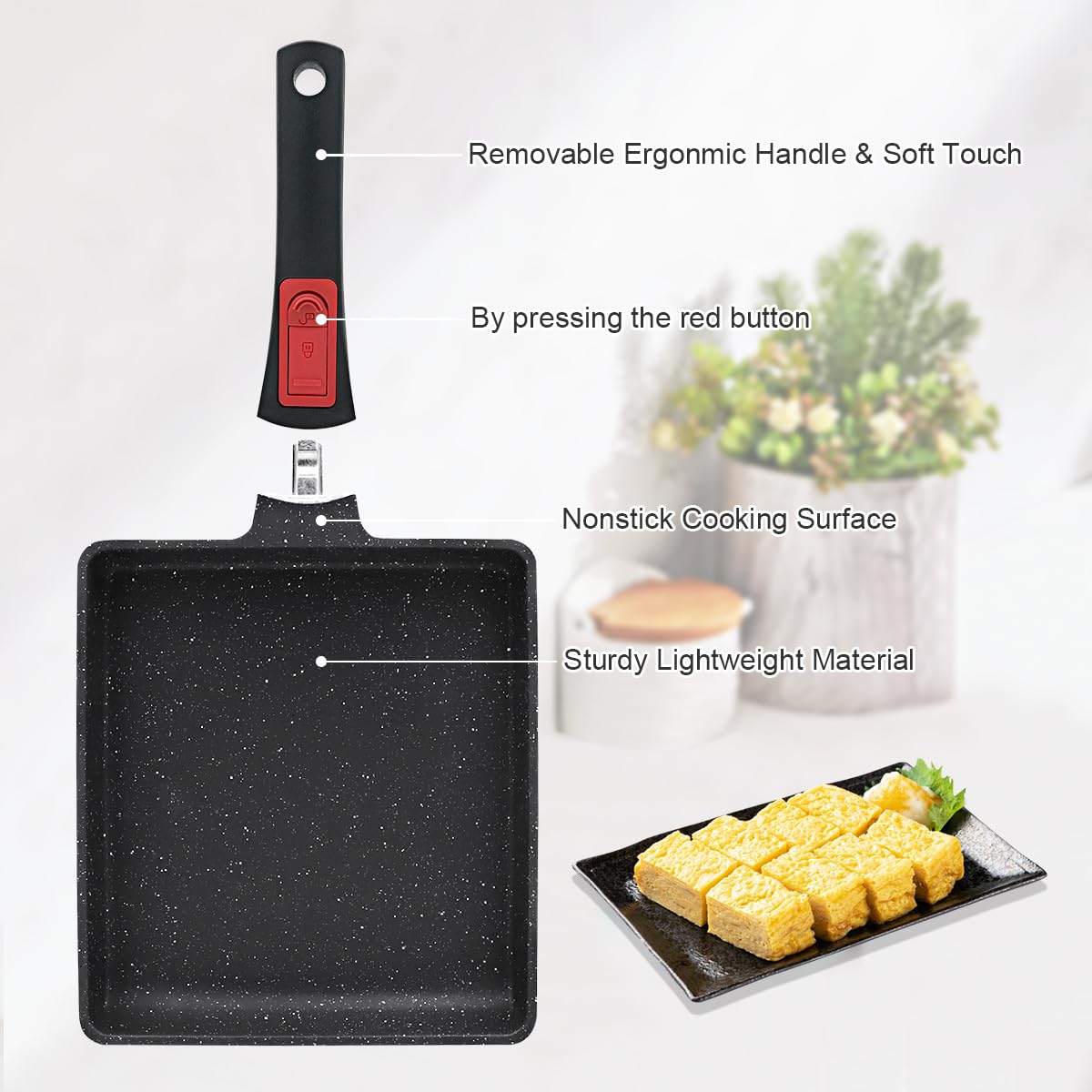 AIKENBBKK Japanese Omelette Pan Nonstick, Large Tamagoyaki Pan Egg Roll Pan with Detachable Handle, Oven& Dishwasher Safe, 9” x 8” (Black)