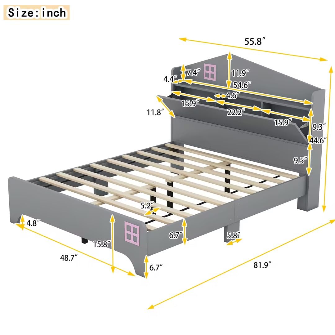 VilroCaz Funny Design Full Size Kids Bed Platform Bed with Storage Headboard, Wooden Platform Bed Frame with Shelves for Kids Teens Boys Girls Bedroom, Sturdy Slat Support (Grey-WF1)