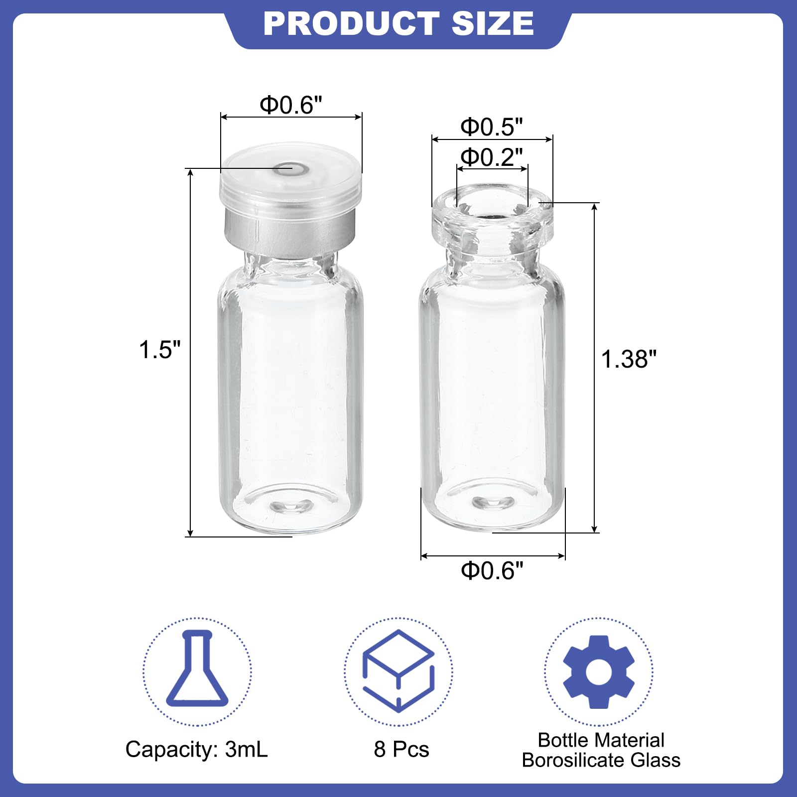 PATIKIL 3ml Sample Vials, 8 Pack Lab Empty Vials with Butyl Rubber Stopper and Crimp Top Caps Borosilicate Glass Vial, Transparent