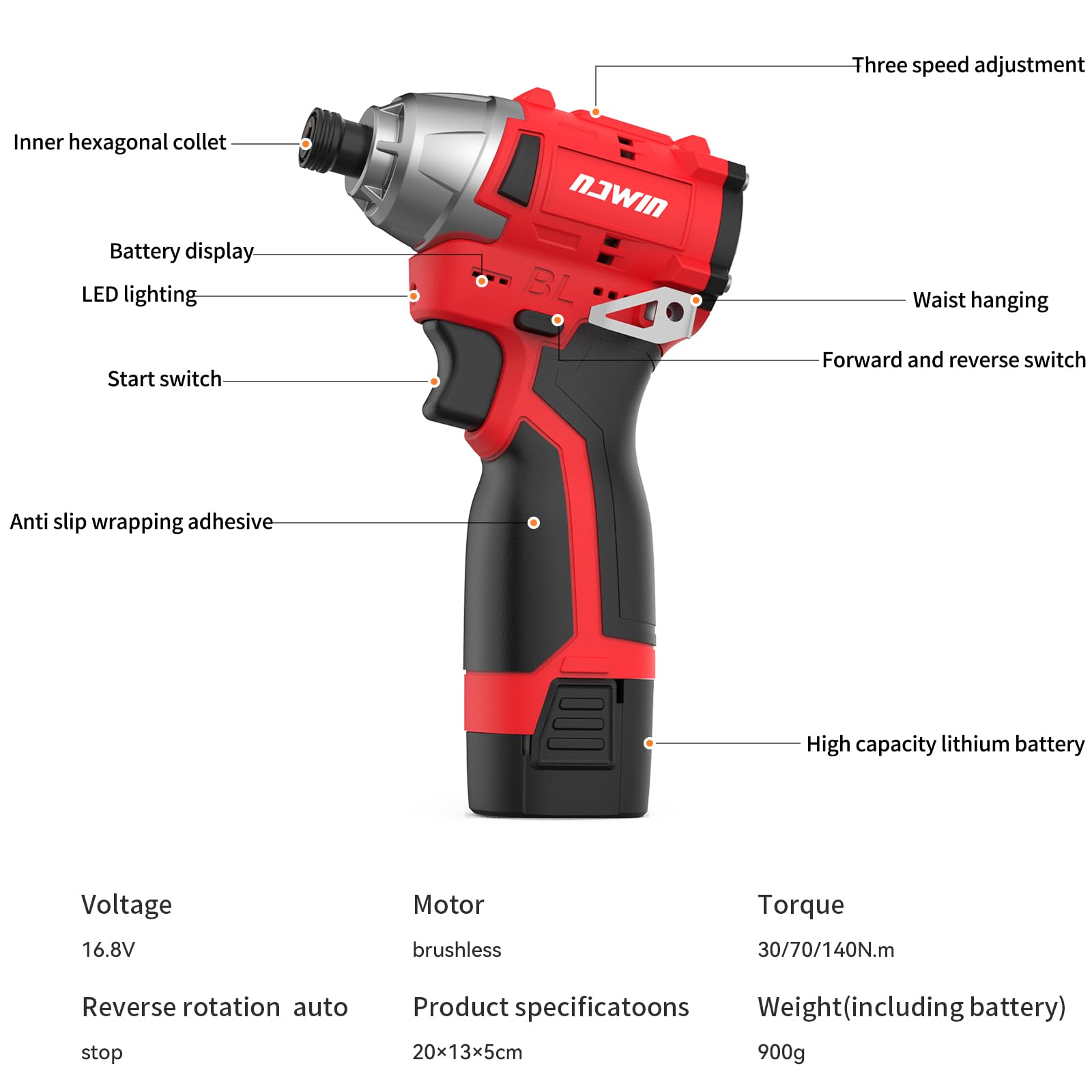 Cordless Impact Driver Kit 16.8V Max Torque 140Nm（105ft-lbs）High Rotation Electric Impact Driver Brushless Motor Continuously Variable Rechargeable 1/4" impact driver 2.0Ah Batteries