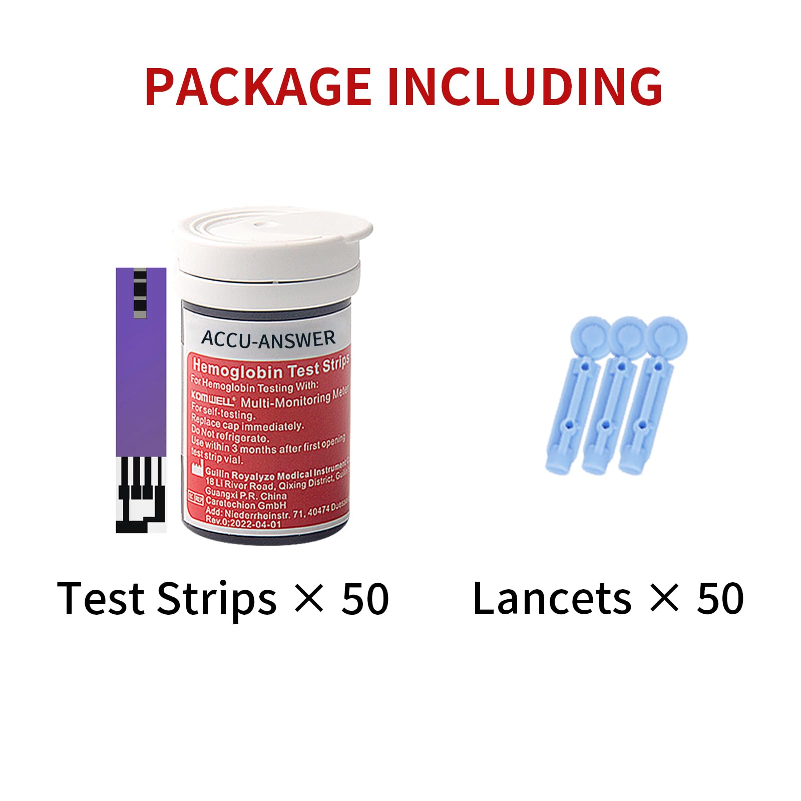 ACCU-Answer 50 Test Hemoglobin Test Strips for ACCU-Answer 4-in-1 Test Meter, 50 Lancets Total Included. No Code Card Need, Accurate and Fast, Easy to Use and Read